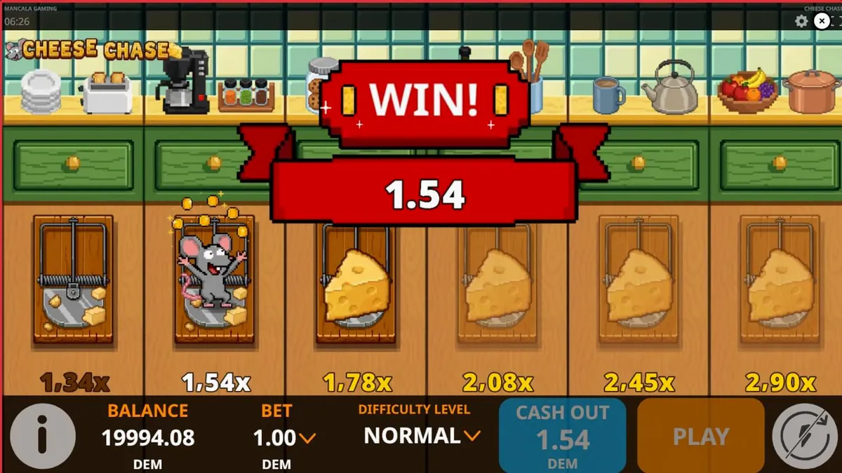 Visual retro e colorido do jogo Cheese Chase com tema de cozinha