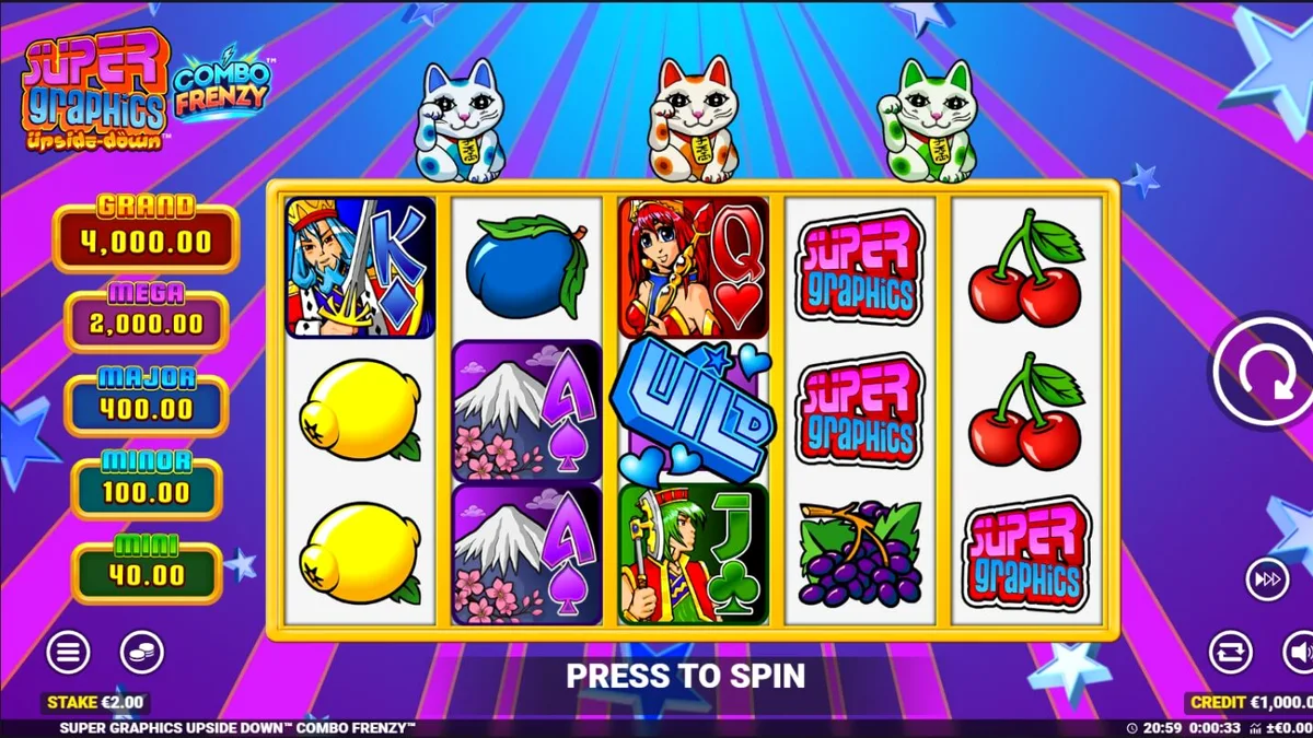 Interface vibrante do jogo Super Graphics Upside Down com Lucky Cats