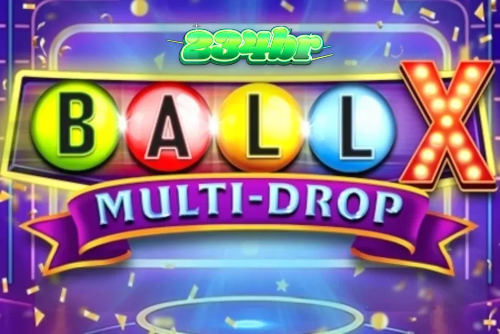 Interface de jogo do caça-níqueis Ball X Multi-Drop com luzes neon e símbolos de frutas.